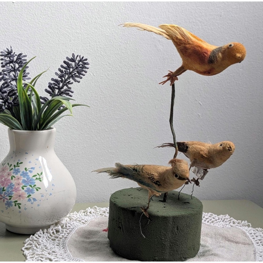 Vintage Feather Birds Set of 3 Spun Cotton Floral Picks Woodland Bird Decor - Picture 1 of 4